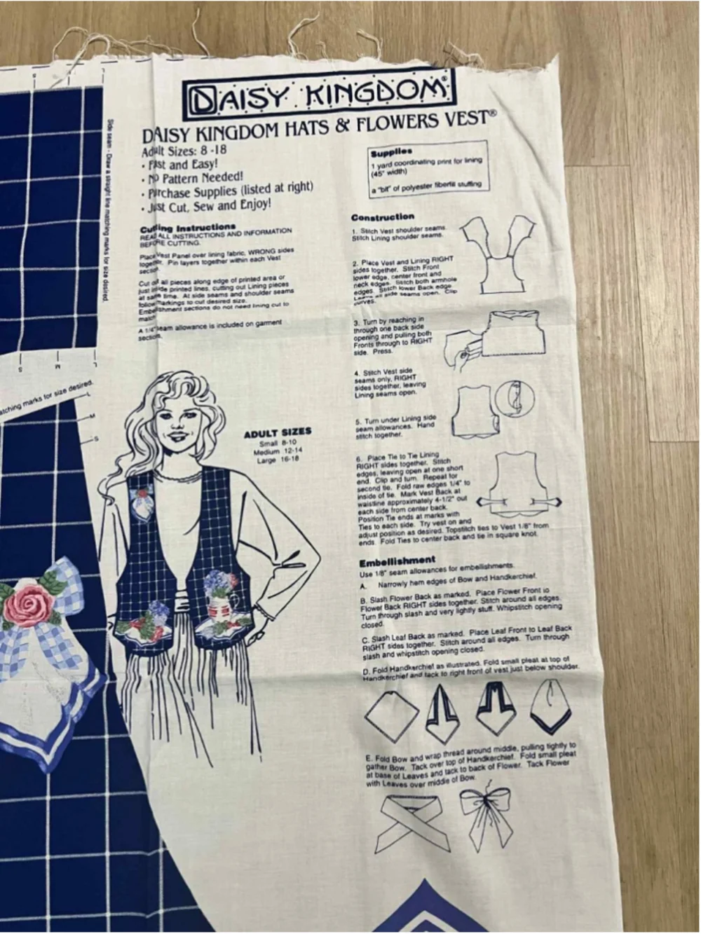 Vintage Daisy Kingdom Hats Flowers Vest Sewing Panel Cut & Sew Fabric Kit Uncut